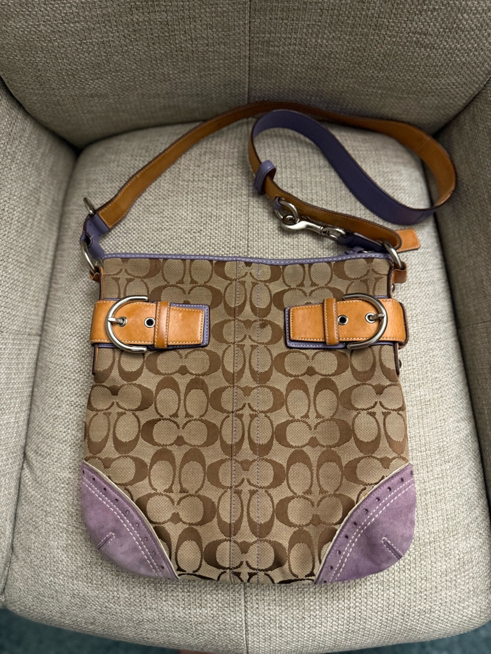Coach Signature Canvas Shoulder Bag in Brown with Tan & Purple Accents